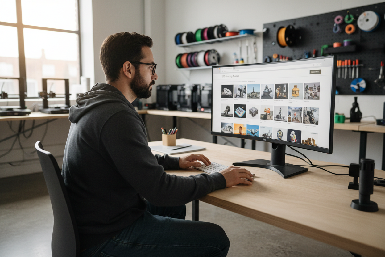 一个外国人正在工作间，专注的看着电脑，在电脑上浏览3D打印模型网站，挑选模型