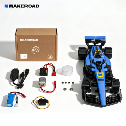 Makeroad toy car kit with components and packaging on a white background