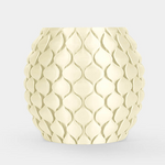 A round, textured ceramic planter or candle holder in a pale cream color, featuring a raised scale-like pattern, set against a solid light gray background.