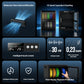 A promotional infographic for a portable dehumidifier, showing the product in multiple feature callouts on a dark blue background. The image includes labeled panels for molecular sieve dehumidification, 10-spool capacity and stacking, dimensions, touch screen display, whisper quiet operation, power consumption, intelligent setting cycle, safety protection, and print-ready filament protection.