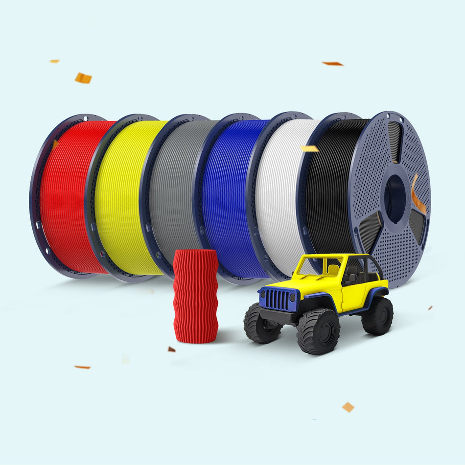 Colorful spools of filament and a toy car on a light blue background with promotional text.