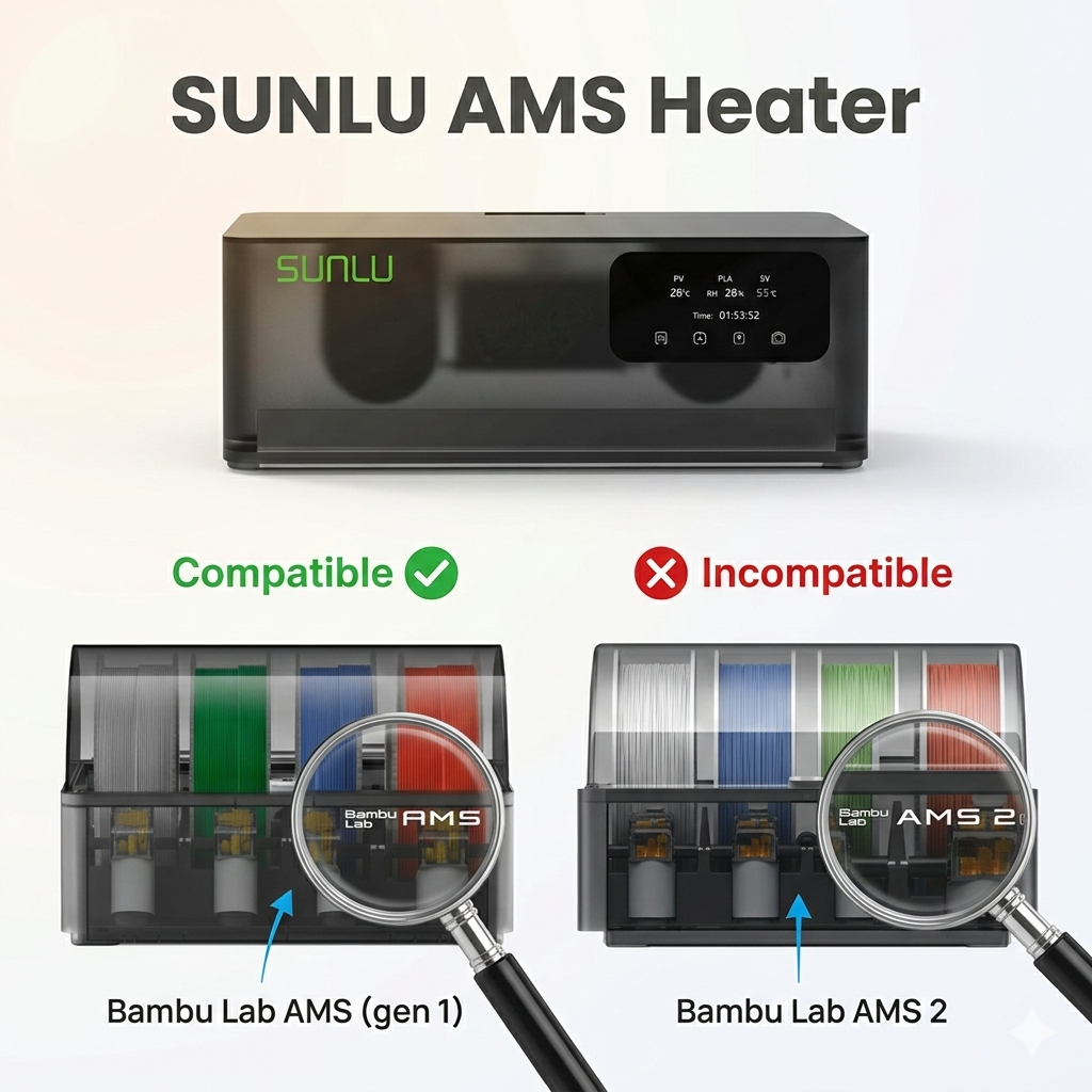 SUNLU AMS Heater with compatibility check against Bambu Lab AMS and AMS 2 devices.